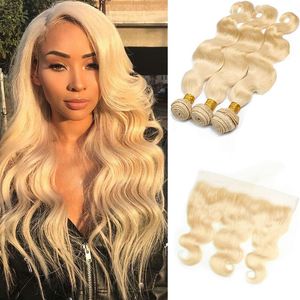 Peruanische unverarbeitete Echthaarverlängerungen 613# Blonde Körperwelle 3 Bündel mit 13x4 Lace Frontal Virgin Hair 10-28 Zoll