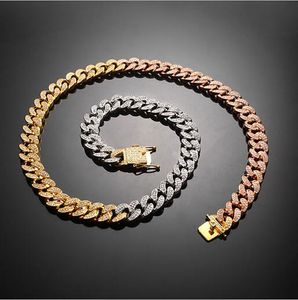 Mens 3 Mixed Colors Diamonds Chain Necklace Copper Materials Gold Silver Rose Micro Pave Cubic Zirconia 12mm Chain with clasp lock