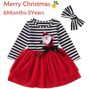 Toddler Baby Girls Christmas Santa Striped Print Tulle Long Sleeves Dress+Headband Outfits Set