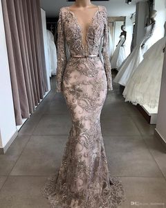 Evening Beaded Mermaid Dresses with Extra Detachable Skirt Long Sleeves Deep V Neck Lace Pageant Prom Formal Party Gowns