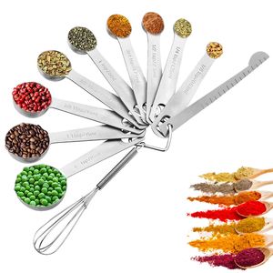 Colheres de medição do aço inoxidável Set 11pcs inclui 9 de aço inoxidável do metal colheres de medição, Leveler Egg Whisk, Cozinha Ferramentas de Medição Set