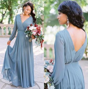 2020 Long Sleeve Country Beach Bridesmaid Dresses Plus Size V Neck Wedding Guest Dress Backless Chiffon A Line Maid Of Honor Gowns AL5000
