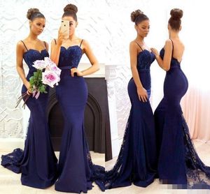 Bridesmaid Dresses Blue Spaghetti Straps Lace Applique Chiffon Sweep Train Sequins Maif of Honor Gown Custom Made Plus Size