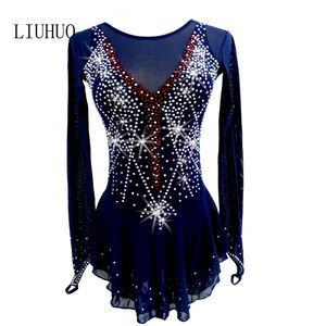 LIUHUO Patinagem Artística vestido azul Sparkly Pedrinhas malha Splice Ice Skating Vestidos Ginástica Leotards