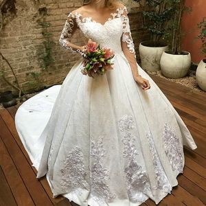 Vintage Novo Uma linha Vestidos de Noiva de Jóia Pescoço Laço Completo Apliques de Cristal Grânulos Flores Mangas Longas Plus Size Bola Vestido Formal Vestidos Noiva