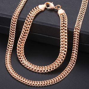 Men Women's Jewelry Set 585 Rose Gold Bracelet Necklace Set Double Curb Cuban Weaving Bismark Chain