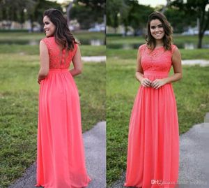 2019 Ucuz Şifon Mercan Nedime Elbise Illusion Uzun Gala Bahçe Resmi Düğün Parti Misafir Misafir Honor Kıyafeti Artı Boyutu Özel Made