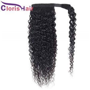 Kinky Curly Ponytail grampo em extensões do cabelo humano gancho e laço Fastener Raw indiano Remy Rabo Para Negras baratos Curly peruca