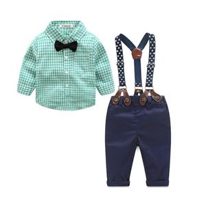 Горячая детская одежда Осенняя весна новорожденная детская детская одежда для детской одежды джентльменская клетчатая рубашка + галстук -бабочка + подвесные брюки 2pcs костюмы