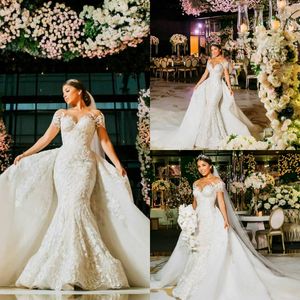 2020 Elegant Mermaid Wedding Dresses Sexy Sheer Neck Short Sleeve Bridal Gowns With Detachable Skirts Lace Appliques Wedding Dress