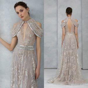 2020 Silver Aftonklänningar Halter saknade axelapplikator Lace Sequins Party Dresses Backless Custom Made Sweep Train Prom Crows
