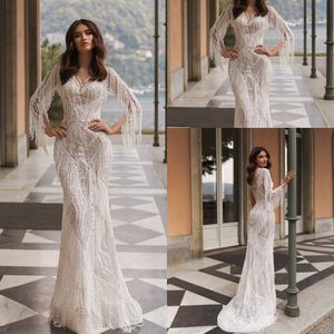 2020 Luxury Tassel Mermaid Bröllopsklänningar Beading Lace Långärmade Brudklänningar Ruffle Sweep Train Custom Made Vestidos de Novia
