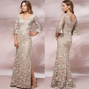 Champagne Mermaid Lace Mother Of The Bride Dresses V Neck Long Sleeves Evening Gowns Floor Length Plus Size Side Split Wedding Guest Dress 407