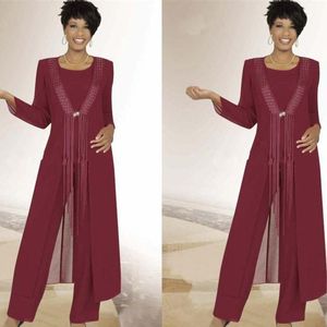 Burgundy Chiffon Bridal Pant Suits Wedding Mother Of the Bride Suits with Long Jacket Tassel Formal Evening Party Outfits with Wrap Vestidos