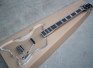 Großhandel 4 Saiten transparente Acryl-E-Bass mit Chrom-Hardware, Palisander-Griffbrett mit weißer Bindung, aktive Schaltung