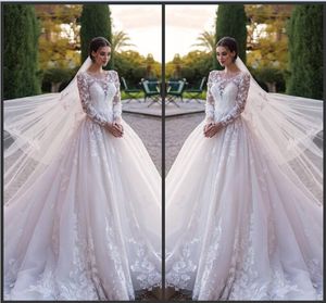 ホワイトAラインシアーロングスリーブビーチウェディングドレスクリスタルブライダルガウン2019新しい国vestido de Novia Princess Wedding Gowns無料ベール