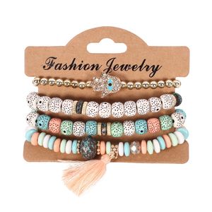 4pcs/Lot Bohemian Vintage Bodhi beads chains Bracelets Set For Women Hand of Fatima Tassel charm Wristband Fashion Jewelry Gift