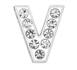 50PCS/lot 8mm V Full Rhinestones Silver Slide Letter DIY Charms Fit For 8mm leather bracelet phone strips SL0010