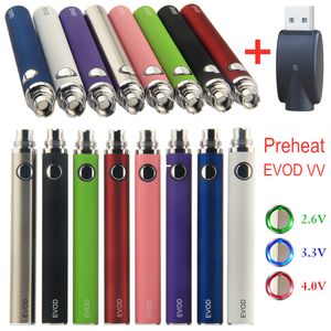 MOQ 10Pcs 100% Quality Preheating VV Evod Batteries Vapor Pen Adjustable Voltage eCig 510 Thread Ego Battery 1100m Ah USB Charger for Dab Wax Oil Vaporizer Tank