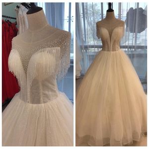 Luxury Beading Tassles Wedding Dresses Scoop Neck Sexy Illusion Bodice Sparkly Ballgown Wedding Bridal Gowns Custom Made Vestido de novia