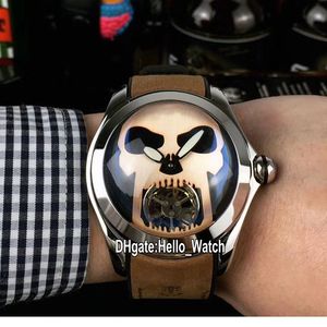 Ny bubbla stålväska L390 / 03694 Svart Ring Grå Skull Tourbillon Automatisk Mens Klocka Brun Läderband Gents Klockor Hello_Watch 6 Färg