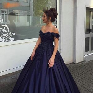 Country Dark Navy Ball Gown Evening Dresses Off Shoulder Appliques Beaded Satin Formal Prom Dress Evening Party Gowns B70