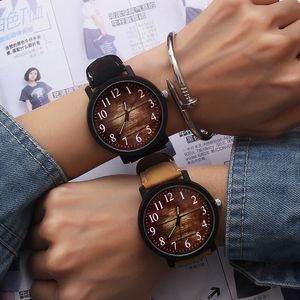 Fashion new mens man retro black Wood grain dial numbers face leather watches wholesale male men leisure business quartz wristwatches