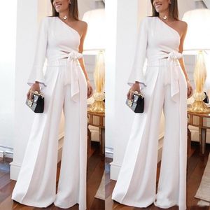 2019 evening party White One Shoulder Women Pant Suits Dress Poet Long Sleeve Cutaway Sides Wide Jumpsuits Women Casual Party Dress