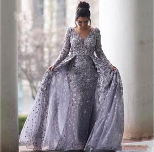 Luxury Grey Muslim Dubai Långärmade Mermaid Prom Klänningar V Neck Lace 3D Blommor Tulle Sweep Train Plus Size Custom Evening Party Gowns