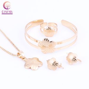 Baby Kids Children Girl Jewelry Sets Gold Color Cute Flower Pendant Necklace Bracelet Earrings Adjustable Ring