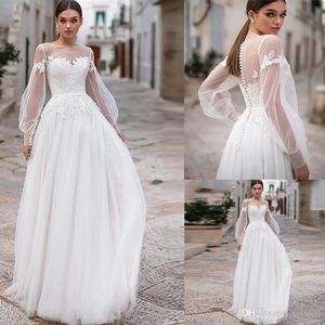 Jewel sheer setwell neck a-line vestidos de mangas compridas rendas apliques plissados tule até o chão vestido de casamento vestidos de noiva com cinto