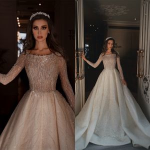 Modest Long Sleeve Wedding Dresses Scoop Neck Lace Appliqued Beaded Bridal Gowns Plus Size Court Train Wedding Dress