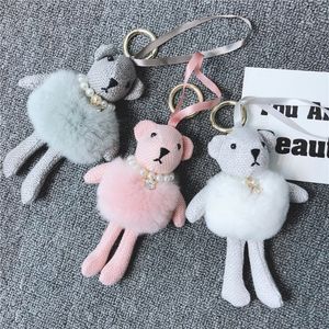 New 17cm Mink Plush Skirt Cute Bear Keychain Pearl Rhinestone Creative Key Chain Ladies Car Bag Keychains Jewelry Gifts