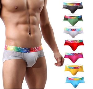 Mäns Sexiga Underkläder Modal Andas Mesh Low Rise Rainbow Belt Boxer Briefs Shotpants
