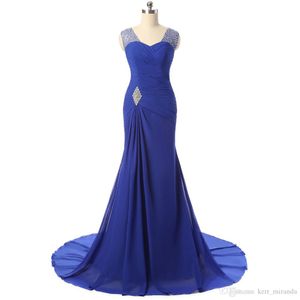 Abiti da sera formali perline blu senza spalline in chiffon sposa magra abiti da festa estero europei e americani