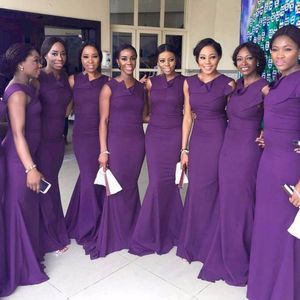 Unik Jewel Neckline Dark Purple Sheath Bridesmaid Bröllop Gästklänningar Öppet Tillbaka Maid of Honor African Bröllopsklänning för brudtärna