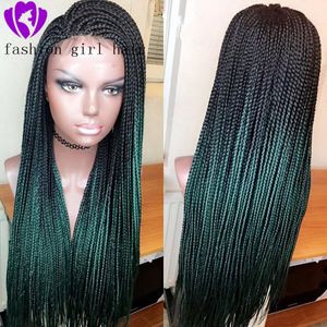Long Ombre Green Wigs Trançado Caixa Trança Perucas Para Mulheres Sintéticas Rendas Rendas Peruca Resistente ao Calço Fibra Peruca