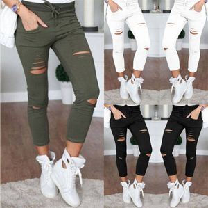 Solid Color Destroyed Pants Waist Tie Skinny Slim Pants Trousers Pencil pants Fashion Women Clothes Black White Dropship 220211