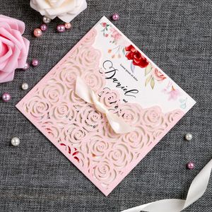 Новый лазерный вырезанный полый цветок розовый блеск свадебные приглашения карты персонализированные свадебные душевые приглашения приглашения дешево