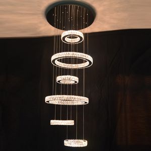 Appareils D'éclairage De Plafond Suspendu achat en gros de 6 anneaux modernes escalier pendentif en cristal LED K9 luminaire Suspensions en acier inoxydable lumières suspendu autour de villa haut plafond