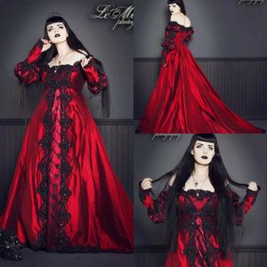 Vintage Gotyckie Suknie Ślubne Kwadratowe Szyi Długie Rękaw Czarny Koronki Dżetów Czerwone Suknie Ślubne Custom Made Plus Size Vestidos de Novia