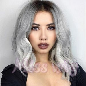 Cabelo curto de peruca grissa cor natural bob meninas retas moda preto e grisce cabelos levemente enrolados