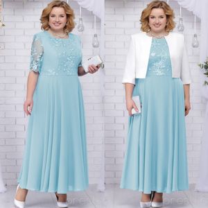 Skromny plus rozmiar koronki Matka panny młodej Suknie z Kurtki Klejnot Neck a Line Wedding Guest Dress Długość Koszulki Szyfonowe Suknie Wieczorowe