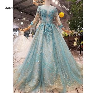 Underbara 3D Flower Prom -klänningar Fullärmar Sparkle Sequined Lace Luxury Beaded Prom -klänningar Applicques Formell klänning