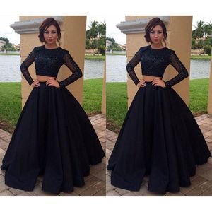 Black Two Pieces Prom Dresses Beaded Long Sleeves A line Satin Party Gowns Floor Length Evening Dress