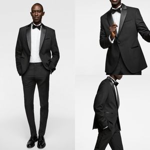 Siyah Erkek Takım Elbise Iş Düğün Smokin Slim Fit Örgün İşadamları Özel Damat Suit Mont Pantolon (Ceket + Pantolon + Kravat)