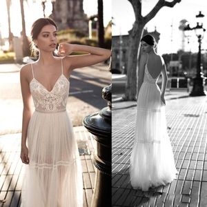 2019 Gali Karten Tanie Czeski Koronkowe Suknie Ślubne Spaghetti Paski Koronki Backless Sweep Pociąg Boho Wedding Suknie Ślubne