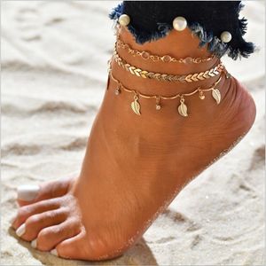 Crystal Arrow Leaf Tassel Anklet Chain Gold 다층 랩 풋 체인 발 팔찌 패션 해변 보석 Will and Sandy