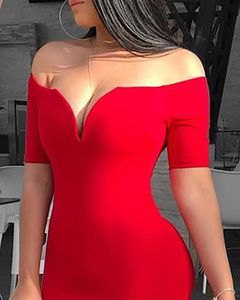 Toptan-Kadın Seksi Derin V Yaka Kapalı Omuz Bodycon Elbise Kadın Kısa Kollu Katı Kılıf Midi Elbise Vestidos Verano