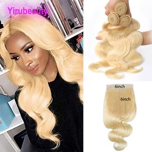Peruvian Human Hair 3 Bundles With 6X6 Lace Closure 4 Pieces/lot Body Wave 613 Blonde Color Bundles With Six By Six Top Closures